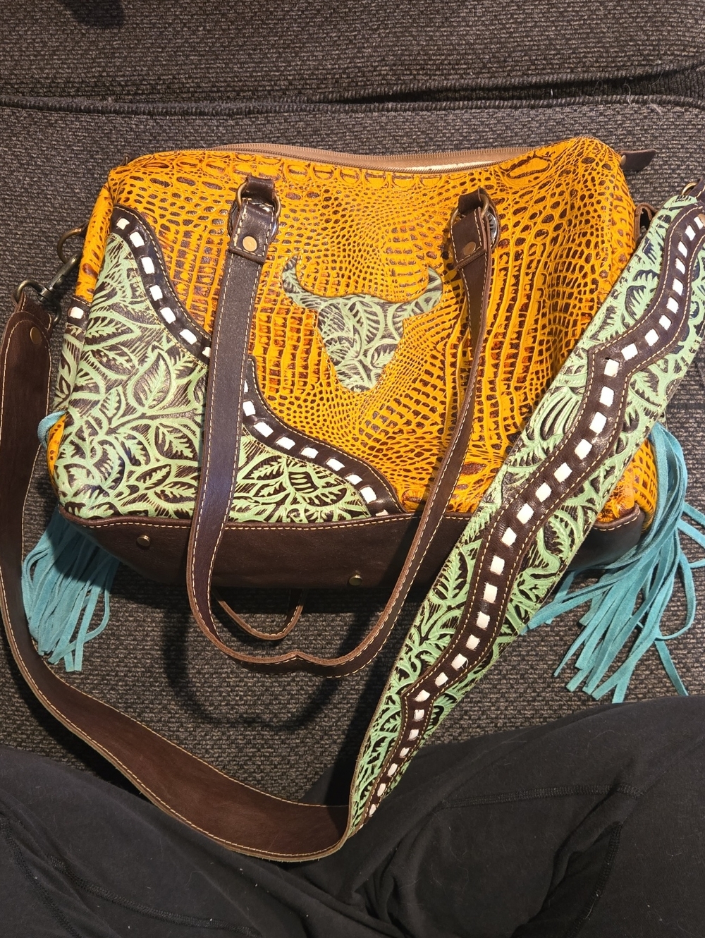 Vibrant Orange & Mint Fringe Tote Handbag